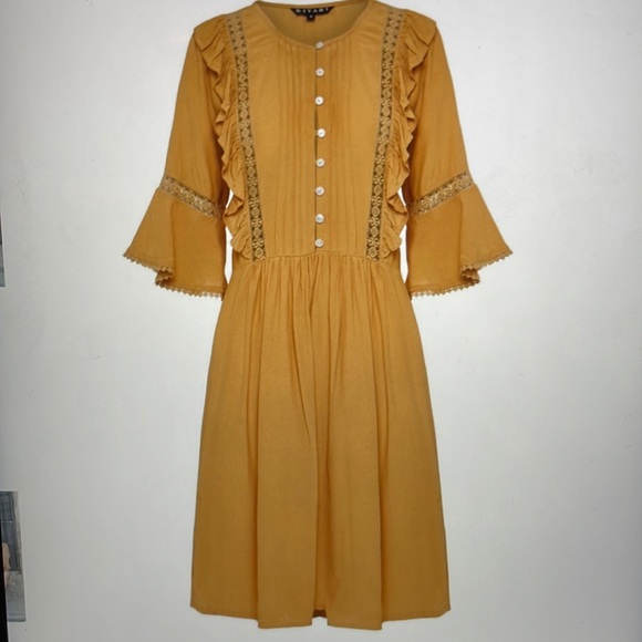 Kivari honey baby doll dress mustard, short sleeve, button front sz Medium - Picture 2 of 9